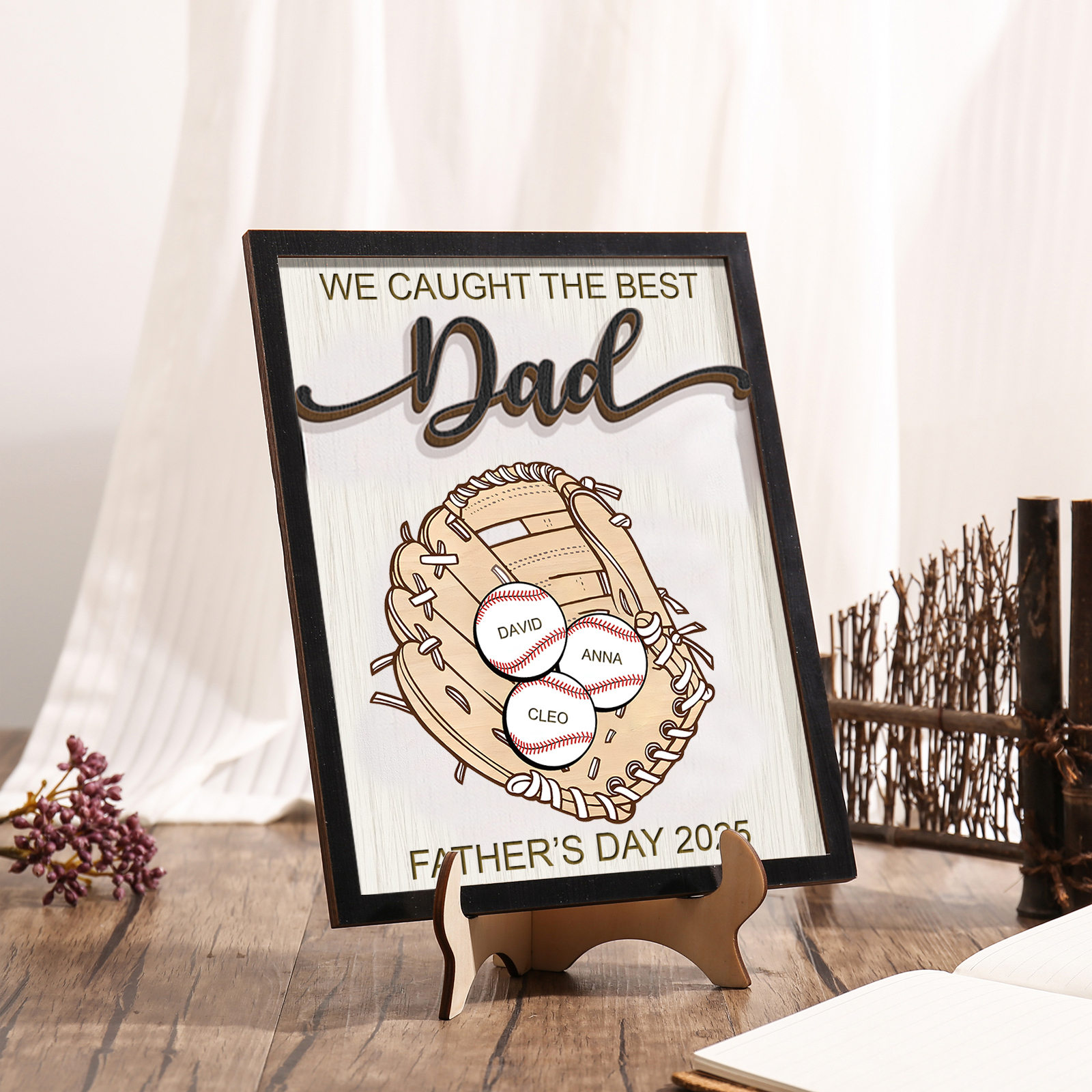 Personalized Wooden Plaque – “We Caught the Best Dad” Baseball Design 2 Texts & 3 Names | Lorajewel