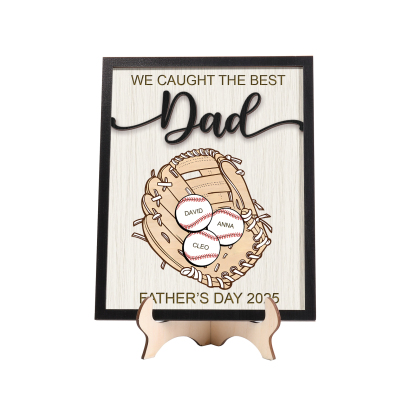 Personalized Wooden Plaque – “We Caught the Best Dad” Baseball Design 2 Texts & 3 Names | Lorajewel