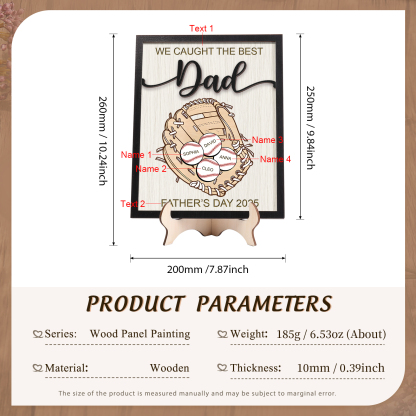Personalized Wooden Plaque – “We Caught the Best Dad” Baseball Design 2 Texts & 4 Names | Lorajewel