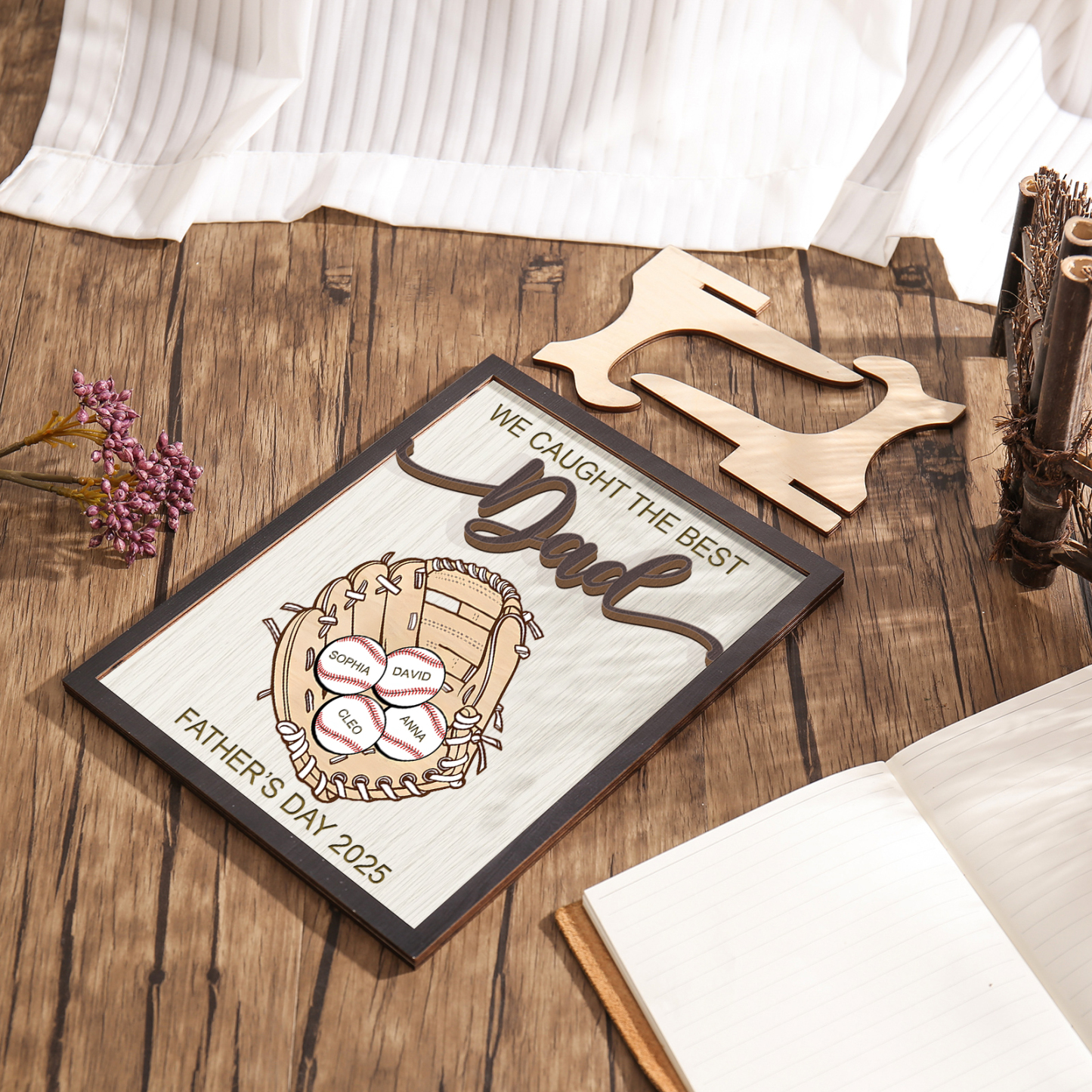 Personalized Wooden Plaque – “We Caught the Best Dad” Baseball Design 2 Texts & 4 Names | Lorajewel
