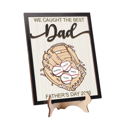 Personalized Wooden Plaque – “We Caught the Best Dad” Baseball Design 2 Texts & 4 Names | Lorajewel