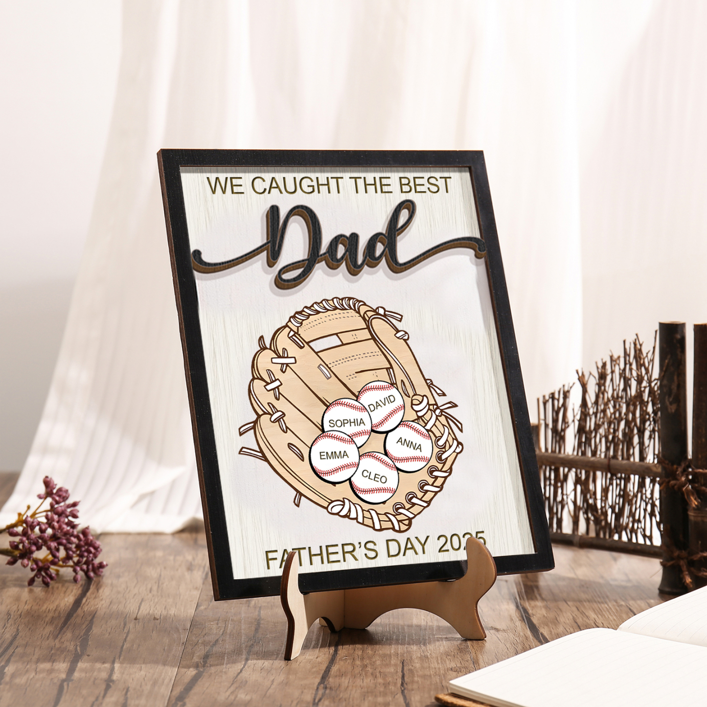 Personalized Wooden Plaque – “We Caught the Best Dad” Baseball Design 2 Texts & 5 Names | Lorajewel