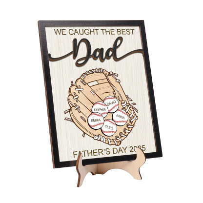 Personalized Wooden Plaque – “We Caught the Best Dad” Baseball Design 2 Texts & 5 Names | Lorajewel