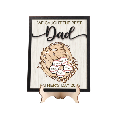 Personalized Wooden Plaque – “We Caught the Best Dad” Baseball Design 2 Texts & 5 Names | Lorajewel