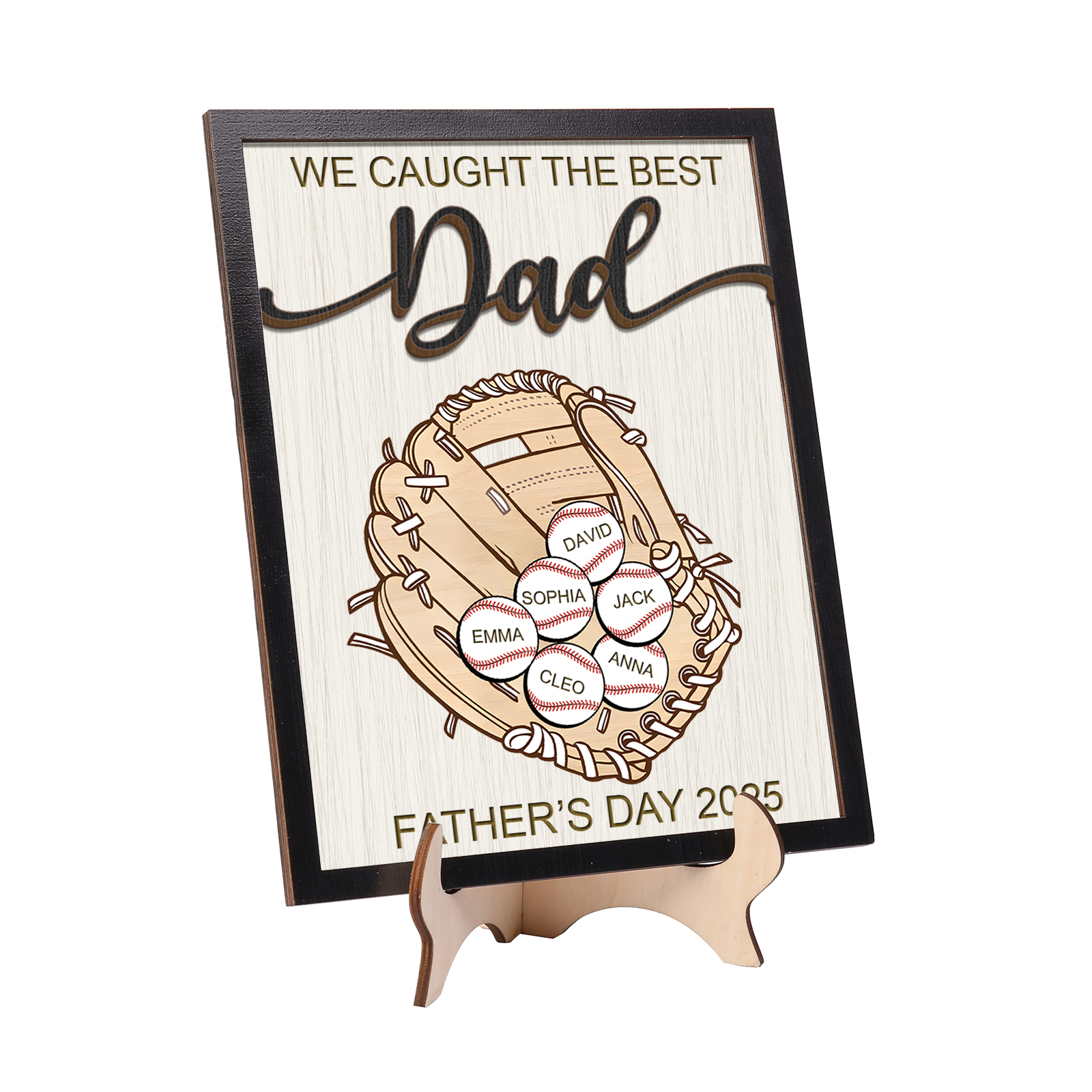 Personalized Wooden Plaque – “We Caught the Best Dad” Baseball Design 2 Texts & 6 Names | Lorajewel