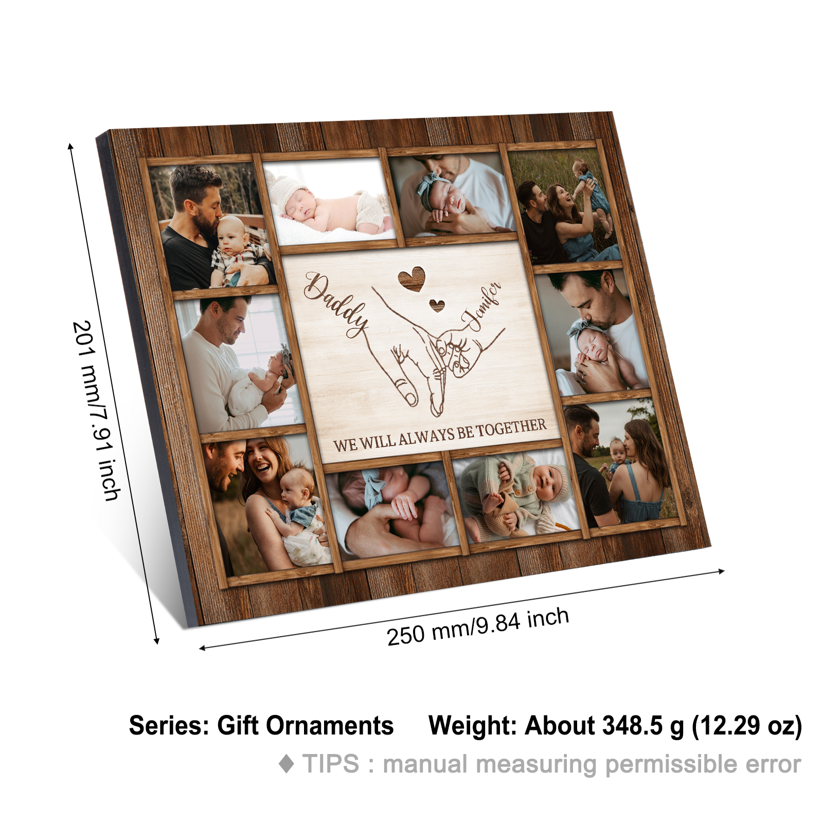 Personalized Wooden Photo Frame – Custom 2 Names, 1 Text & 10 Photo Collage – Gift for Dad, Mom, Grandparents or Family | Lorajewel