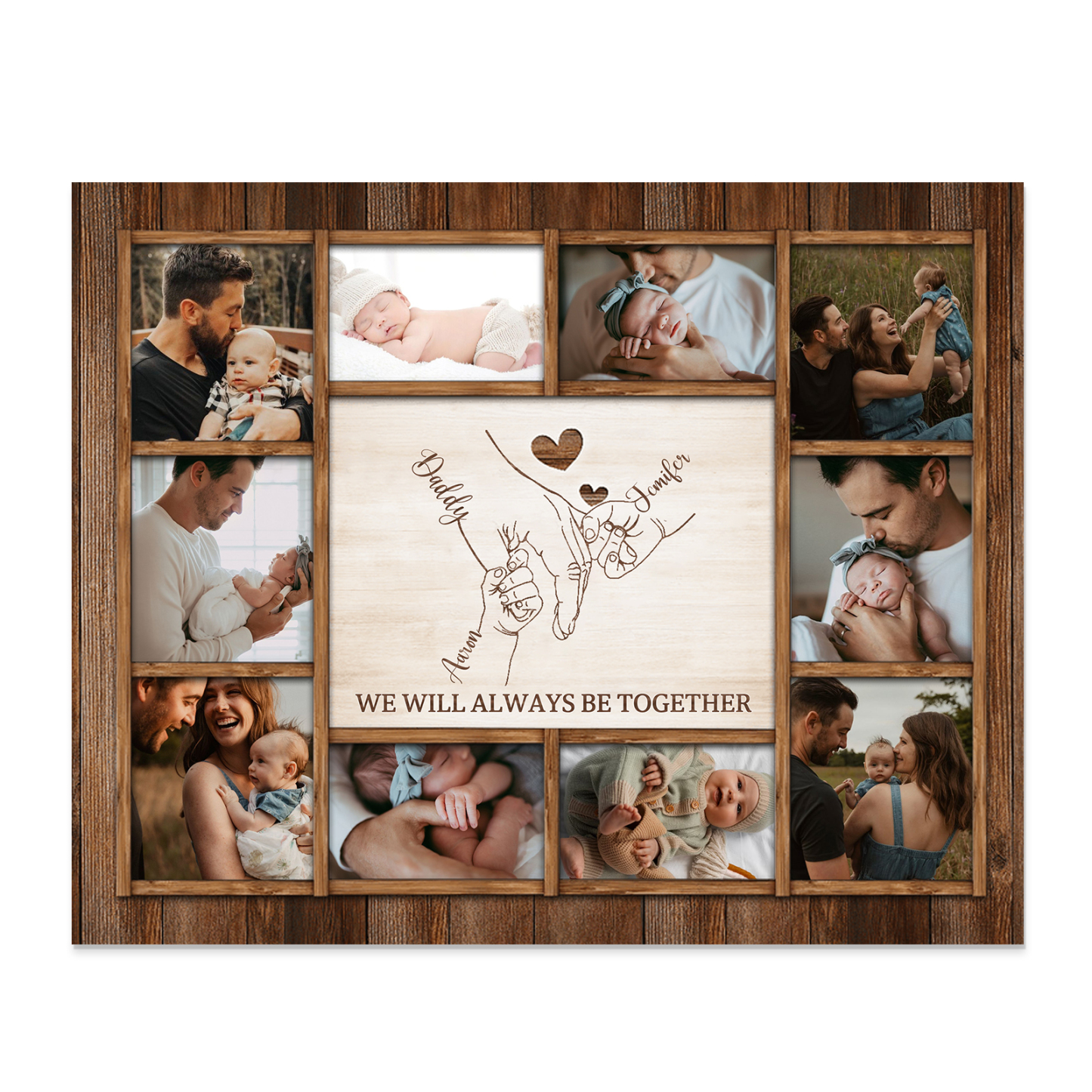 Personalized Wooden Photo Frame – Custom 3 Names, 1 Text & 10 Photo Collage – Gift for Dad, Mom, Grandparents or Family | Lorajewel