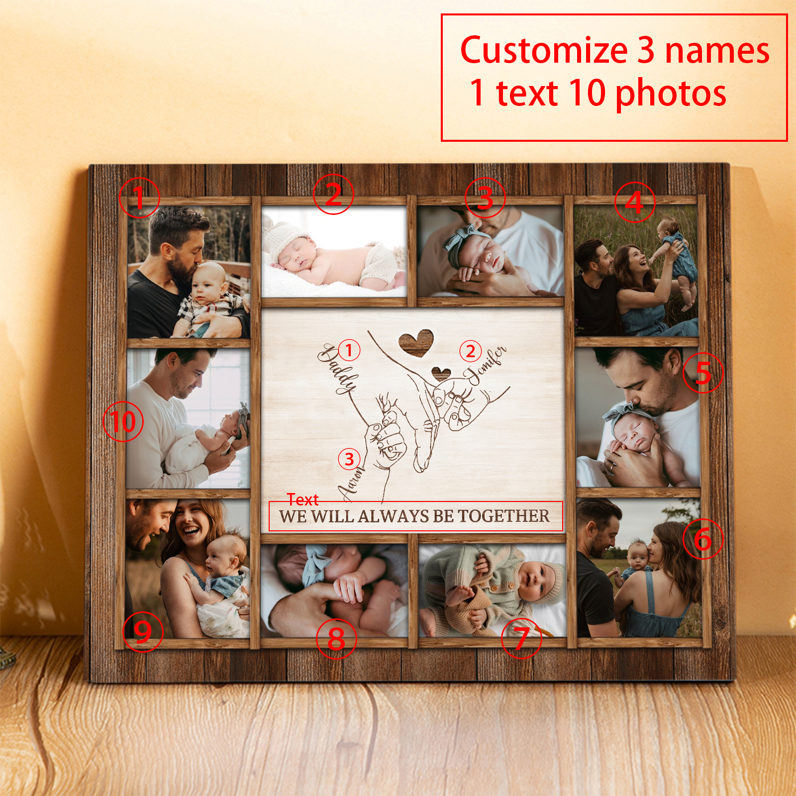 Personalized Wooden Photo Frame – Custom 3 Names, 1 Text & 10 Photo Collage – Gift for Dad, Mom, Grandparents or Family | Lorajewel