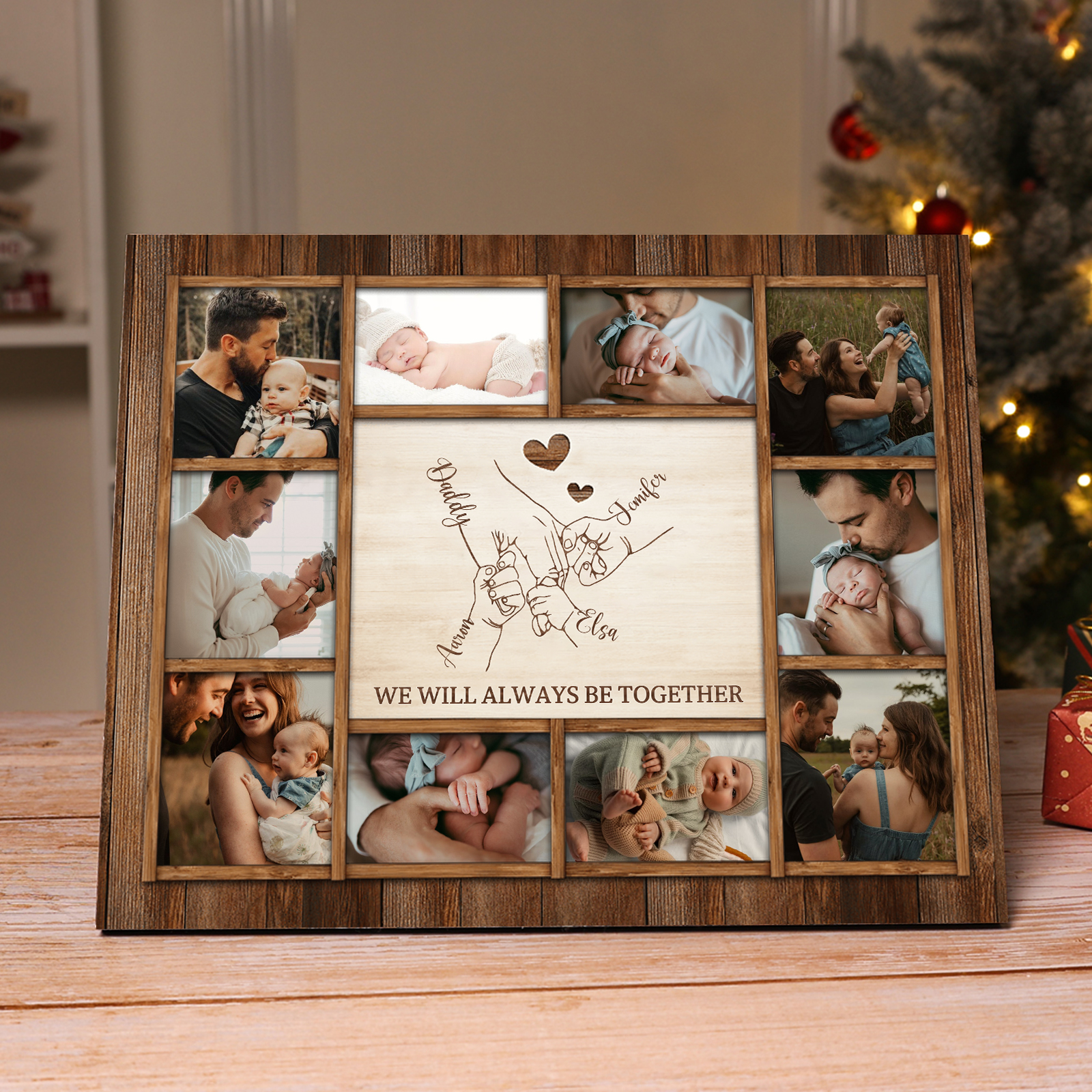 Personalized Wooden Photo Frame – Custom 4 Names, 1 Text & 10 Photo Collage – Gift for Dad, Mom, Grandparents or Family | Lorajewel