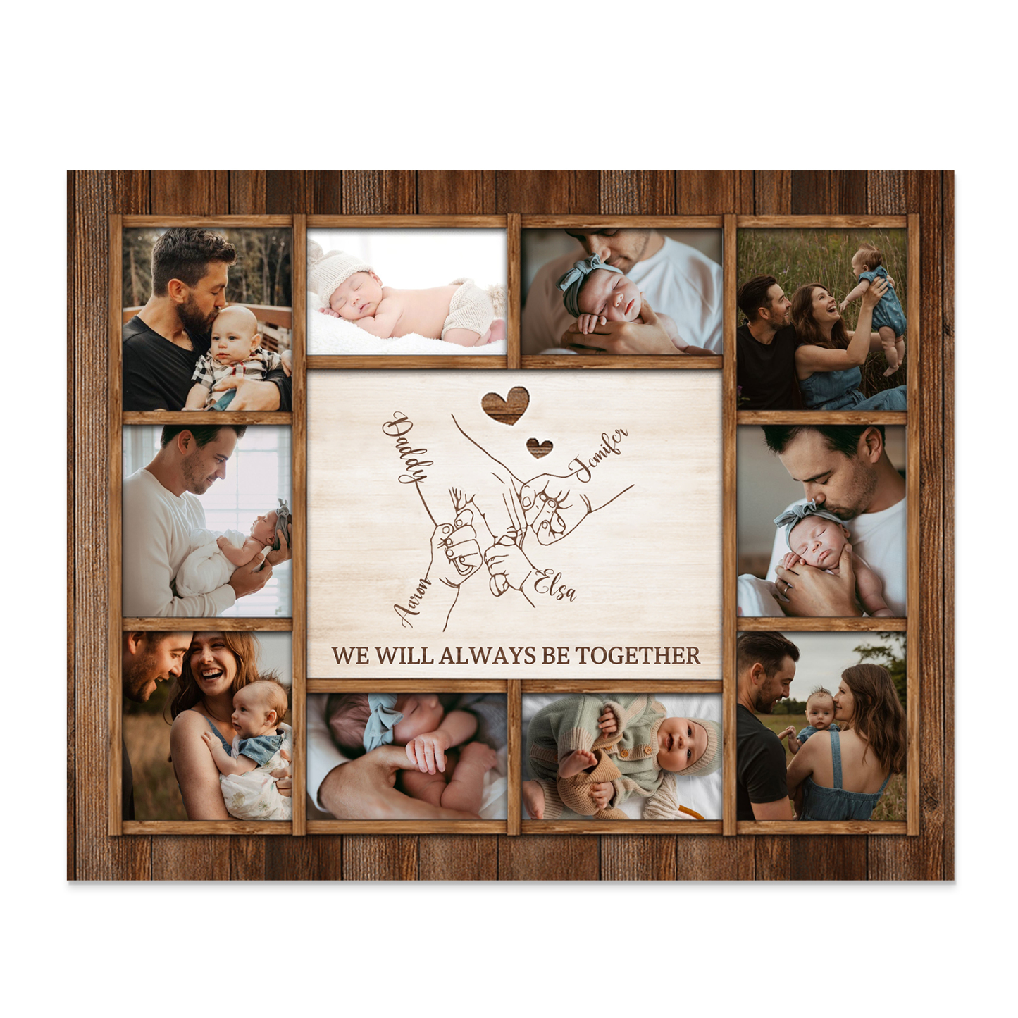 Personalized Wooden Photo Frame – Custom 4 Names, 1 Text & 10 Photo Collage – Gift for Dad, Mom, Grandparents or Family | Lorajewel