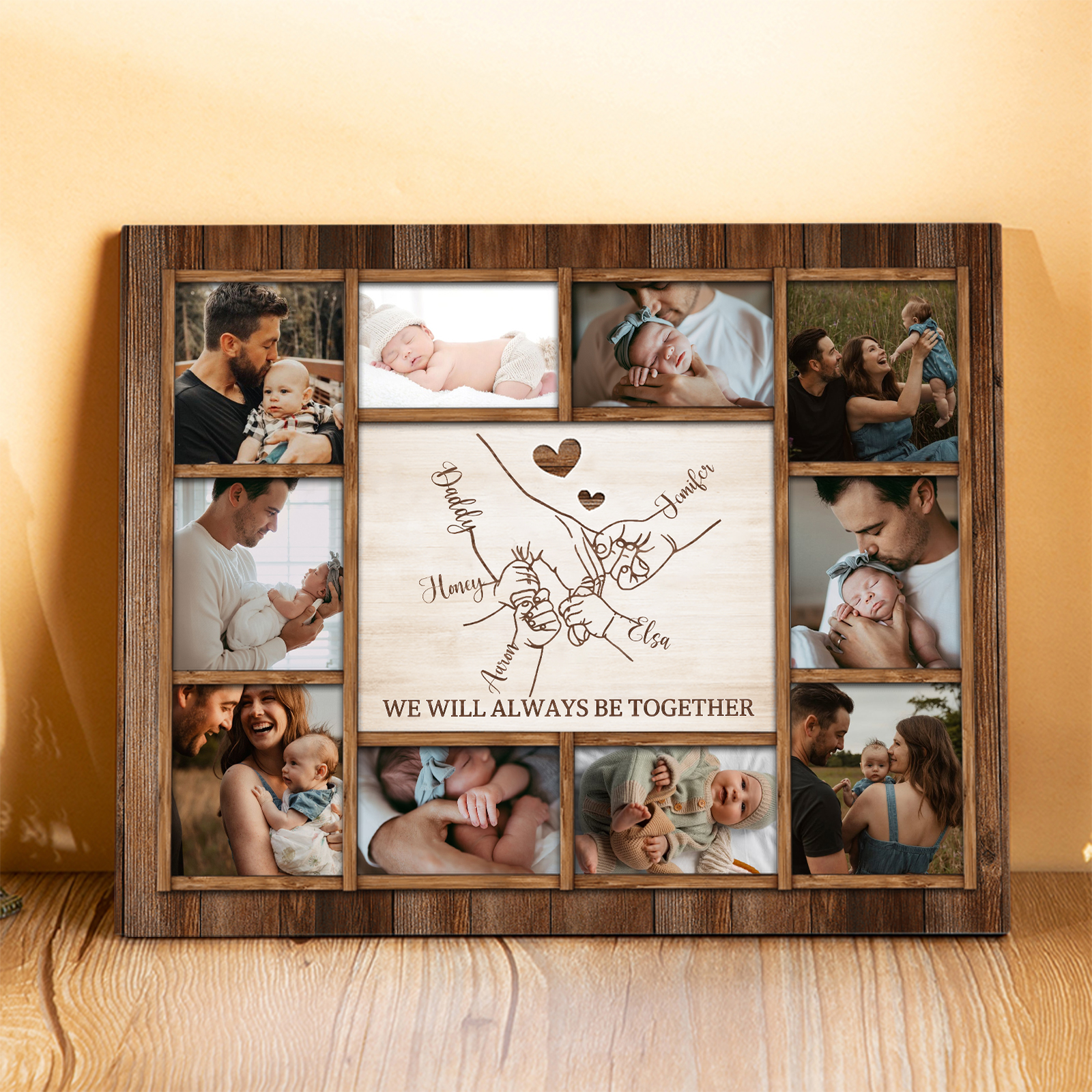 Personalized Wooden Photo Frame – Custom 5 Names, 1 Text & 10 Photo Collage – Gift for Dad, Mom, Grandparents or Family | Lorajewel