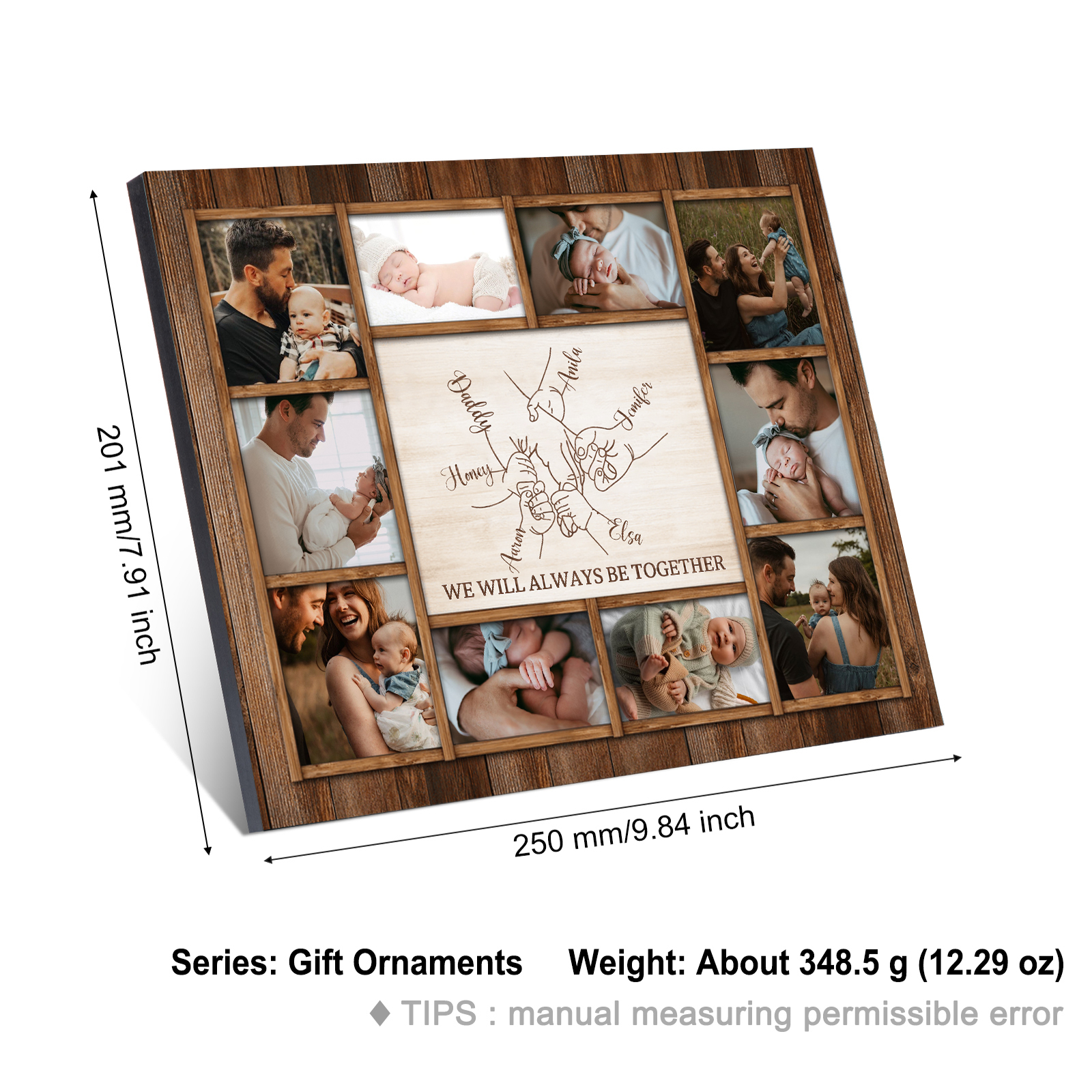 Personalized Wooden Photo Frame – Custom 6 Names, 1 Text & 10 Photo Collage – Gift for Dad, Mom, Grandparents or Family | Lorajewel