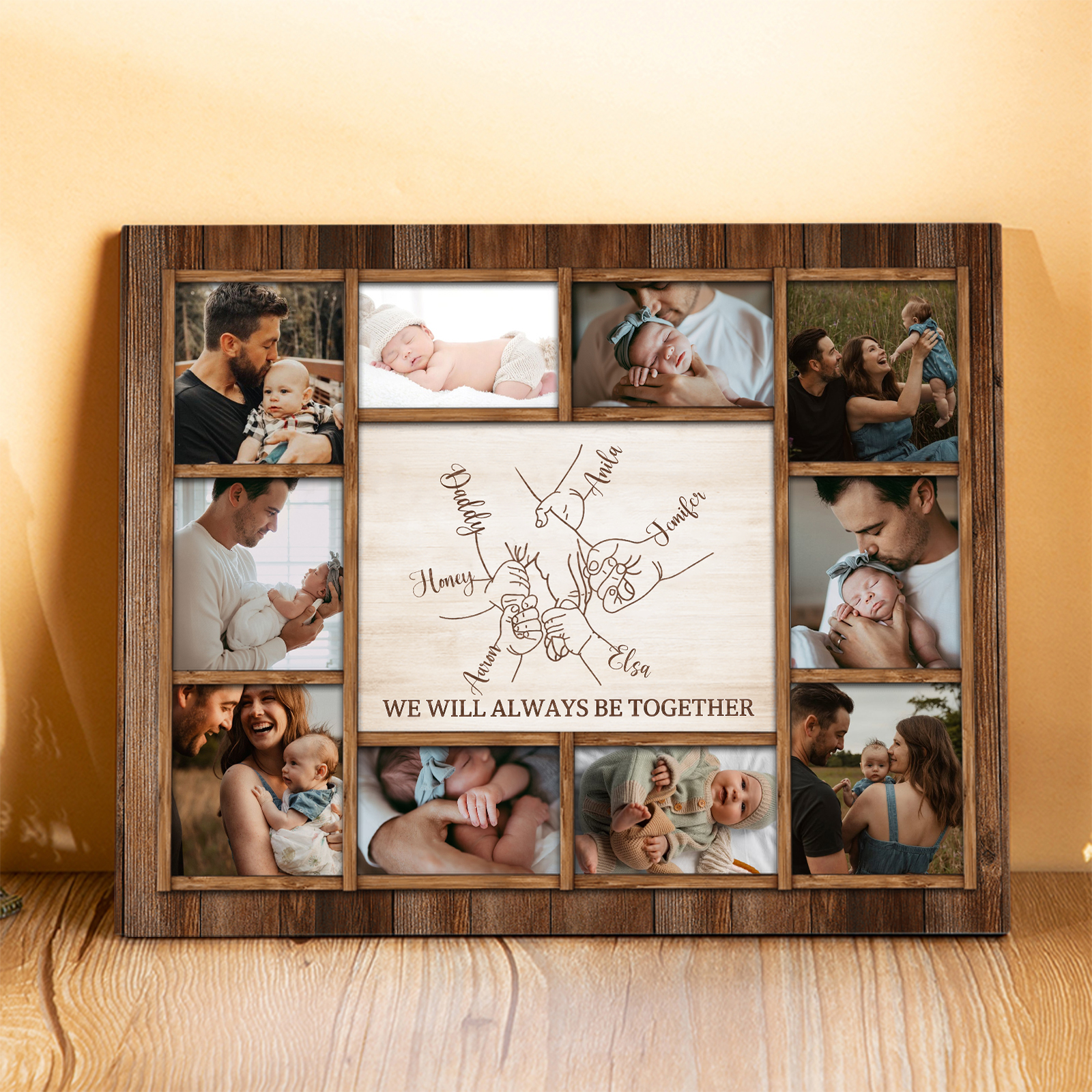 Personalized Wooden Photo Frame – Custom 6 Names, 1 Text & 10 Photo Collage – Gift for Dad, Mom, Grandparents or Family | Lorajewel