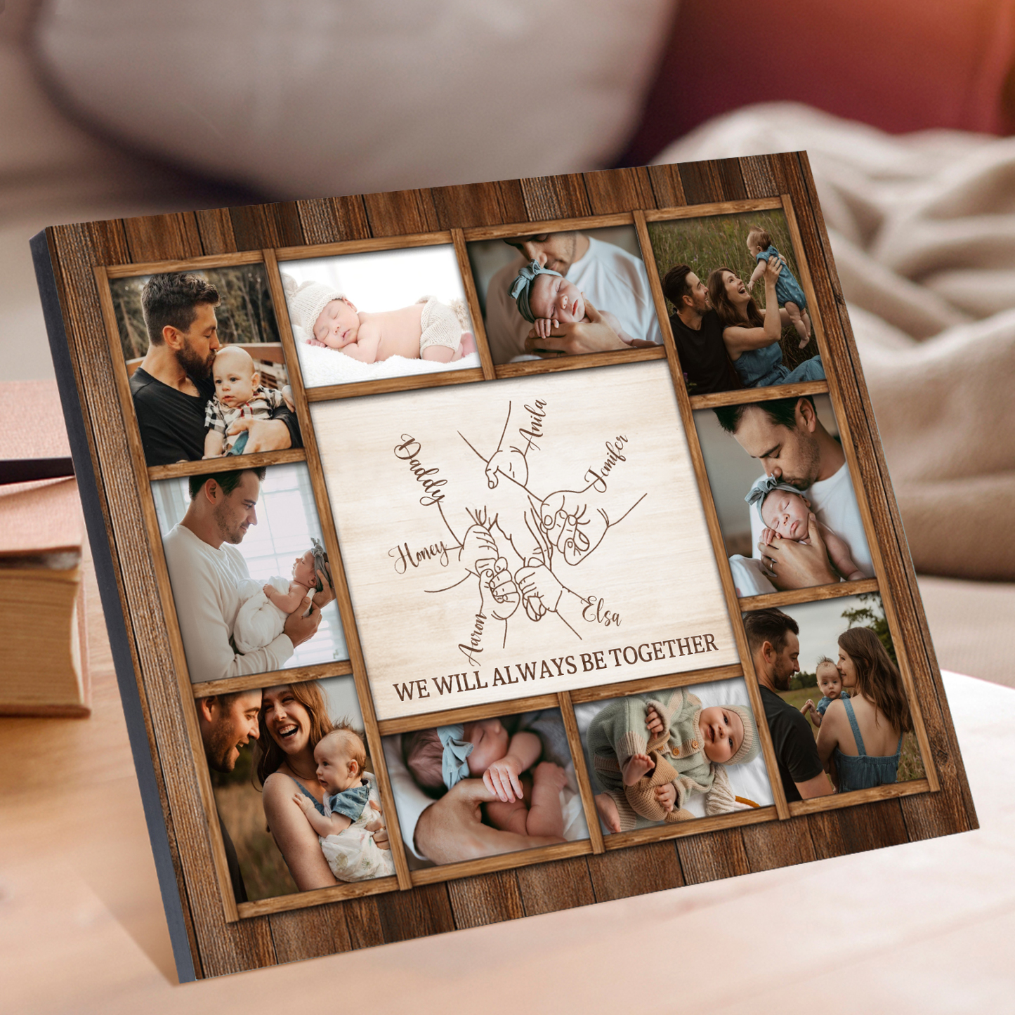 Personalized Wooden Photo Frame – Custom 6 Names, 1 Text & 10 Photo Collage – Gift for Dad, Mom, Grandparents or Family | Lorajewel