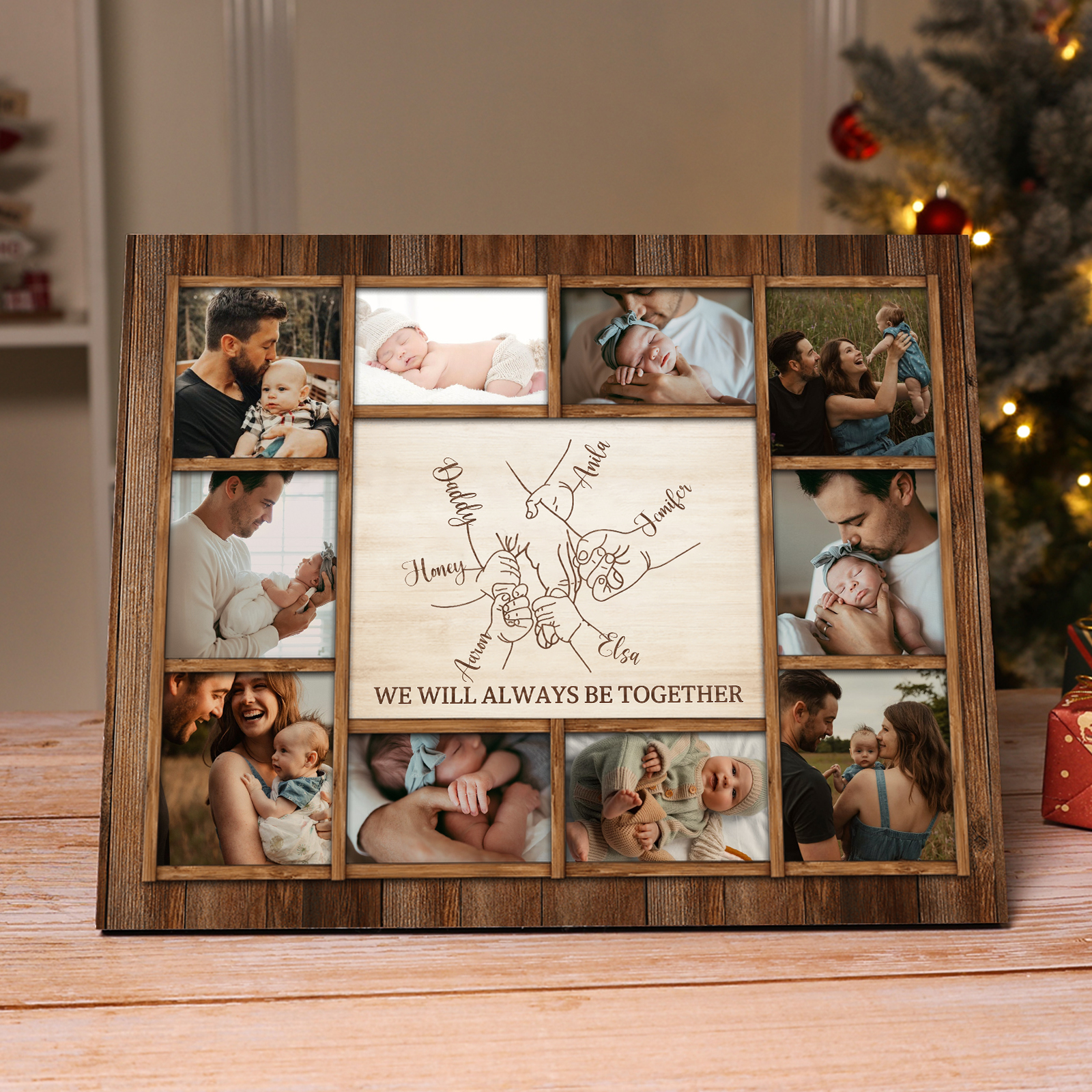 Personalized Wooden Photo Frame – Custom 6 Names, 1 Text & 10 Photo Collage – Gift for Dad, Mom, Grandparents or Family | Lorajewel