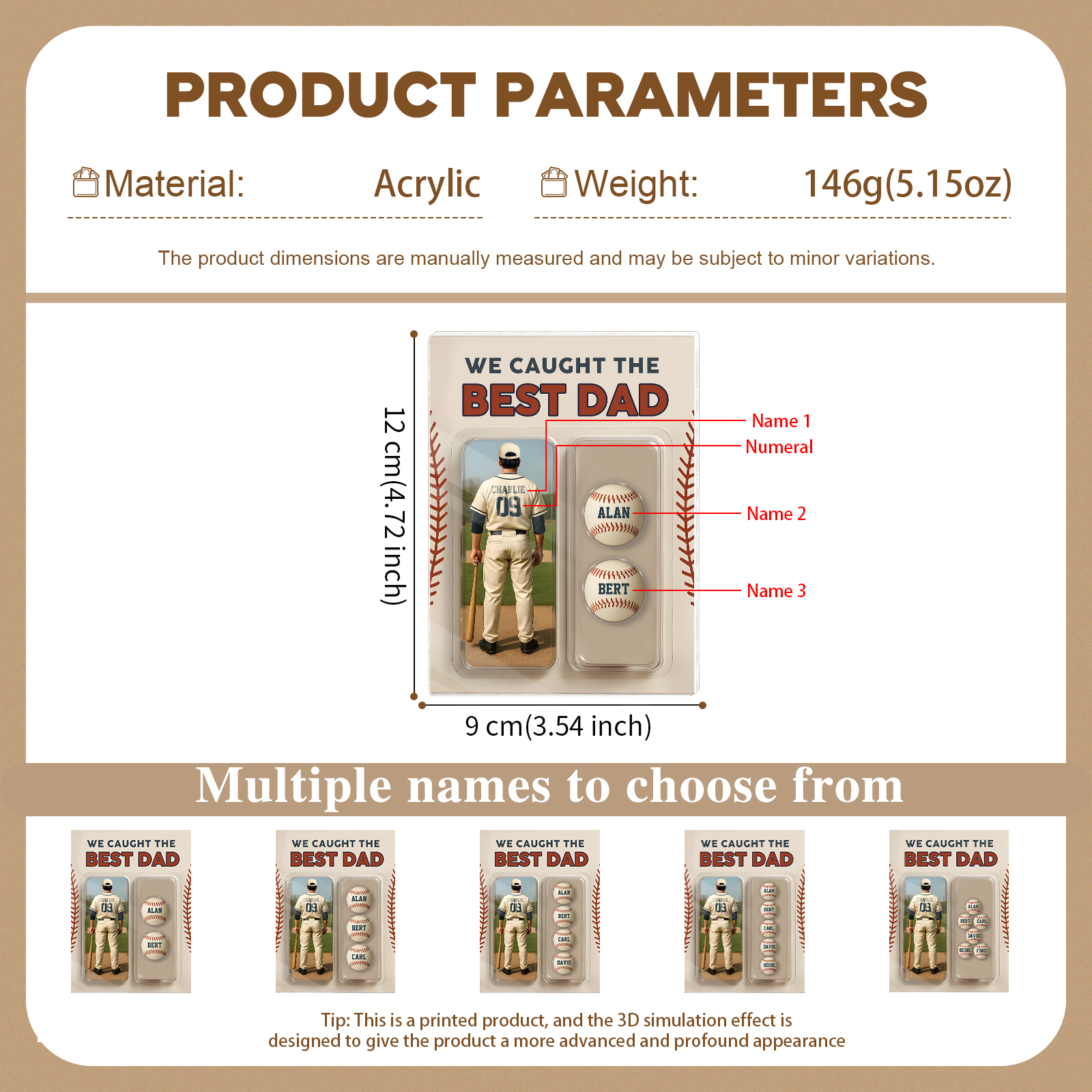 3 Names Personalized Baseball Dad Display Plaque – Custom Father's Day Gift | Lorajewel