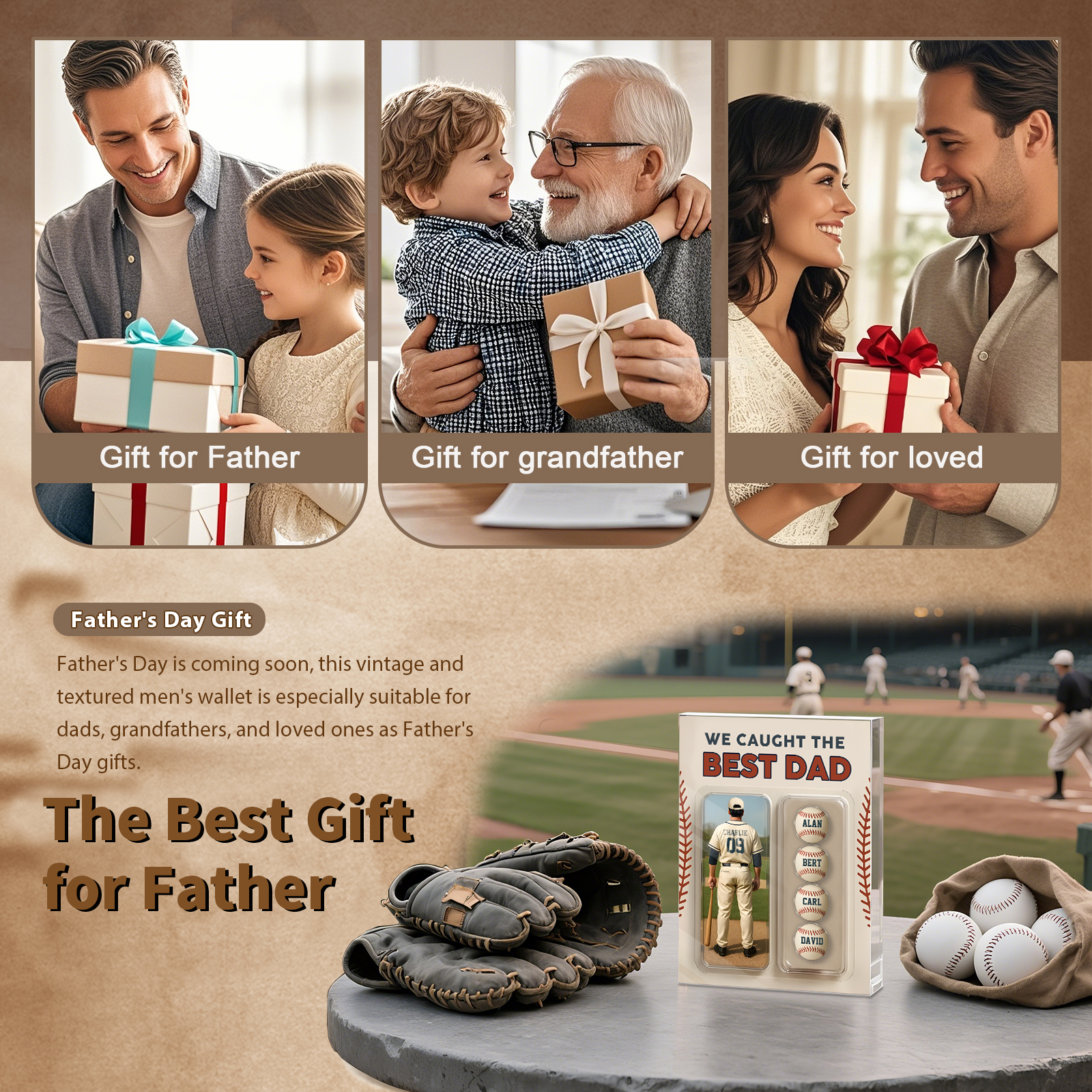5 Names Personalized Baseball Dad Display Plaque – Custom Father's Day Gift | Lorajewel