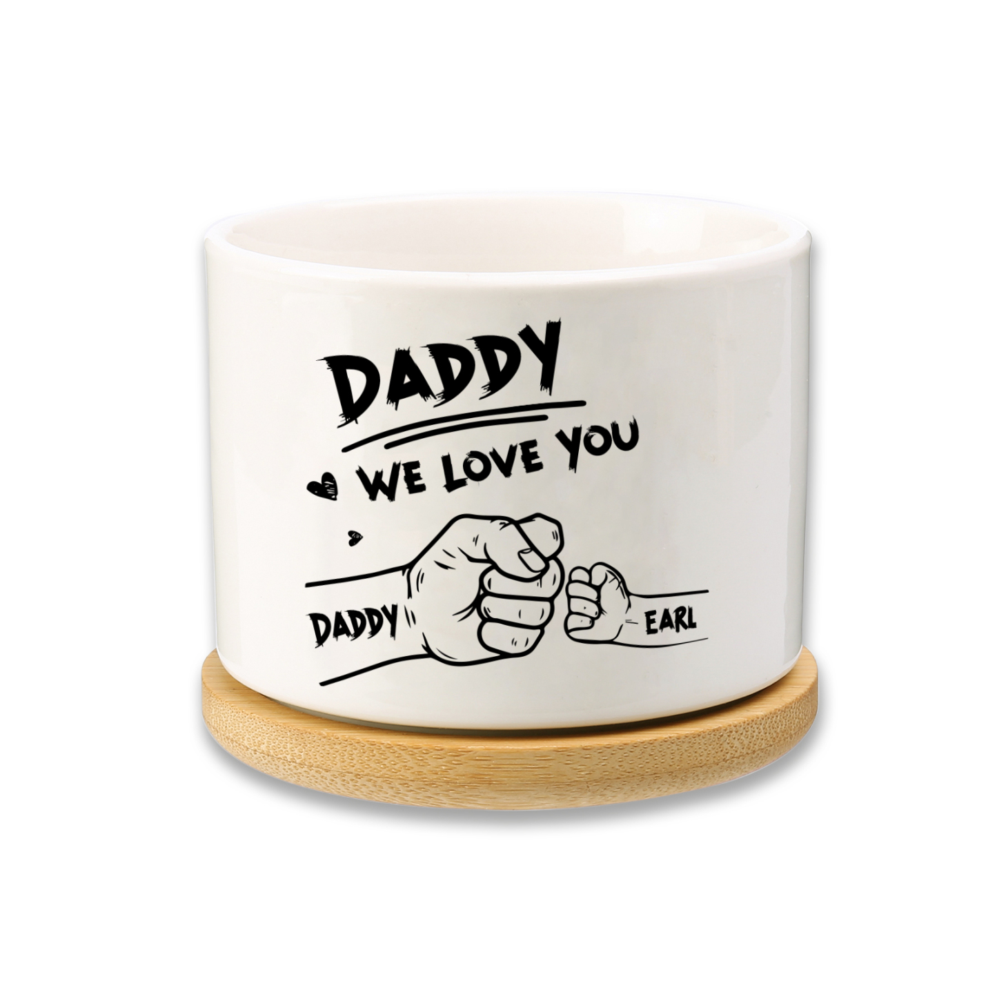 Personalized Ceramic Flowerpot for Dad with 2 Names & 2 Texts – Custom Fist Bump Design | Lorajewel