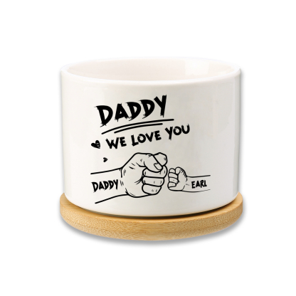 Personalized Ceramic Flowerpot for Dad with 2 Names & 2 Texts – Custom Fist Bump Design | Lorajewel
