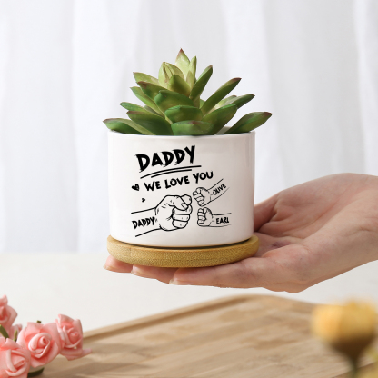 Personalized Ceramic Flowerpot for Dad with 3 Names & 2 Texts – Custom Fist Bump Design | Lorajewel
