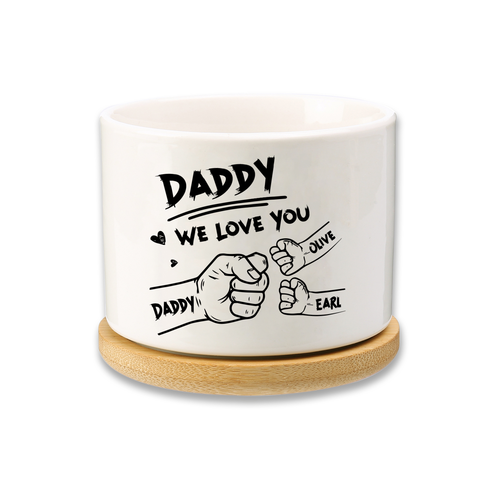 Personalized Ceramic Flowerpot for Dad with 3 Names & 2 Texts – Custom Fist Bump Design | Lorajewel