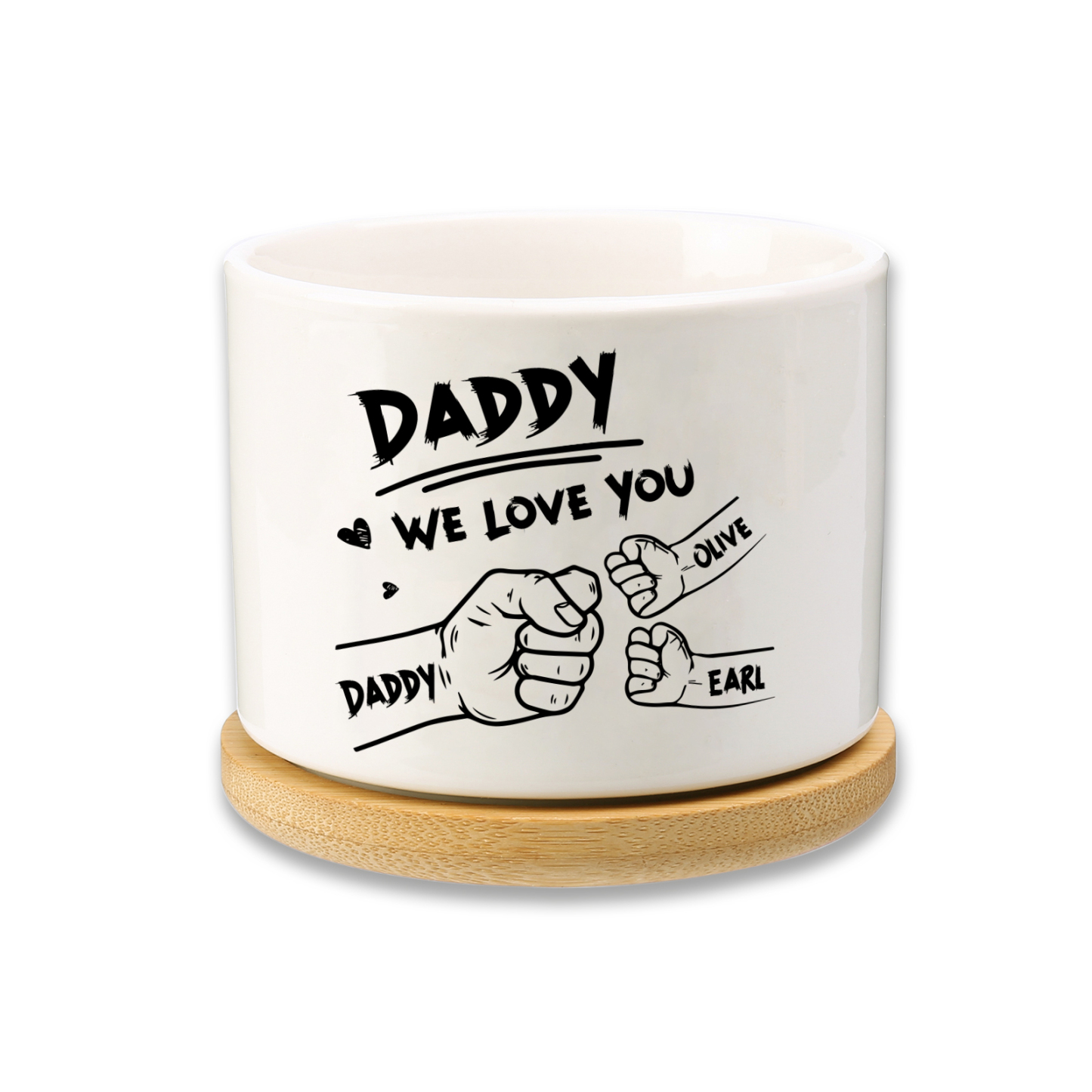 Personalized Ceramic Flowerpot for Dad with 3 Names & 2 Texts – Custom Fist Bump Design | Lorajewel