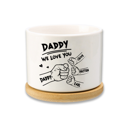 Personalized Ceramic Flowerpot for Dad with 4 Names & 2 Texts – Custom Fist Bump Design | Lorajewel
