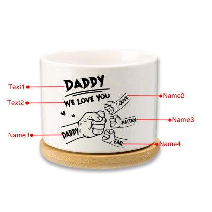 Personalized Ceramic Flowerpot for Dad with 4 Names & 2 Texts – Custom Fist Bump Design | Lorajewel