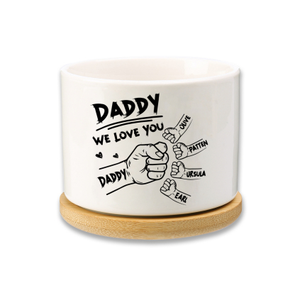 Personalized Ceramic Flowerpot for Dad with 5 Names & 2 Texts – Custom Fist Bump Design | Lorajewel