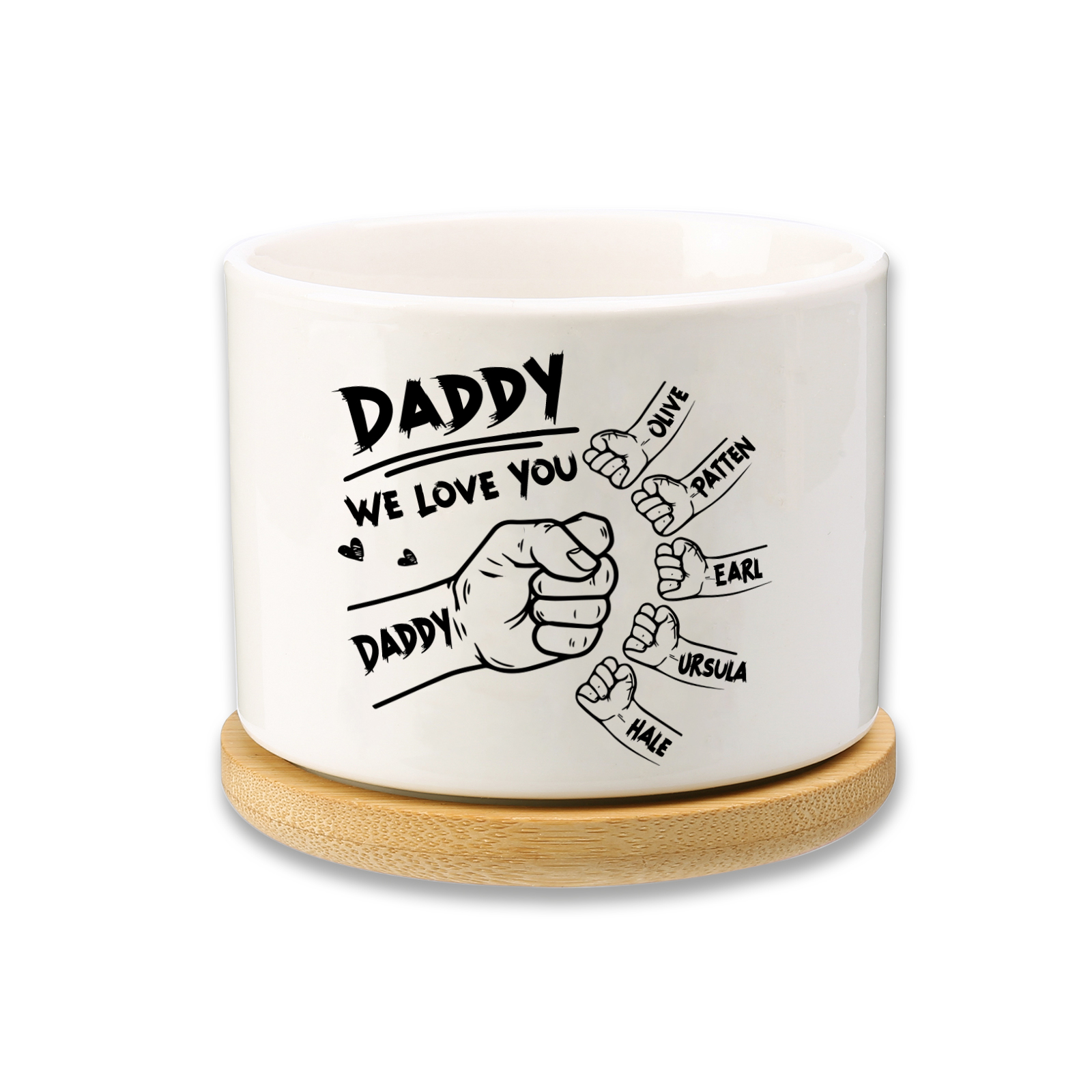 Personalized Ceramic Flowerpot for Dad with 6 Names & 2 Texts – Custom Fist Bump Design | Lorajewel