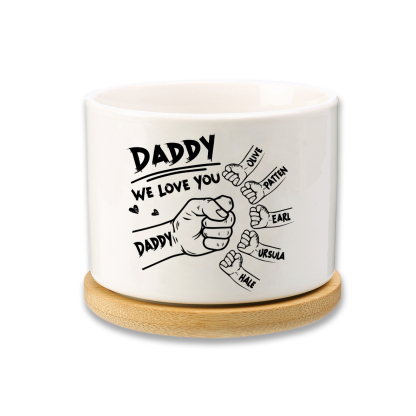 Personalized Ceramic Flowerpot for Dad with 6 Names & 2 Texts – Custom Fist Bump Design | Lorajewel