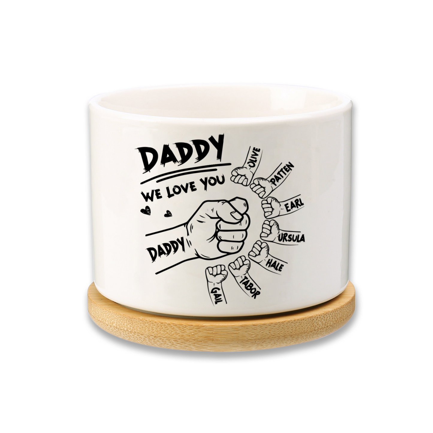Personalized Ceramic Flowerpot for Dad with 8 Names & 2 Texts – Custom Fist Bump Design | Lorajewel