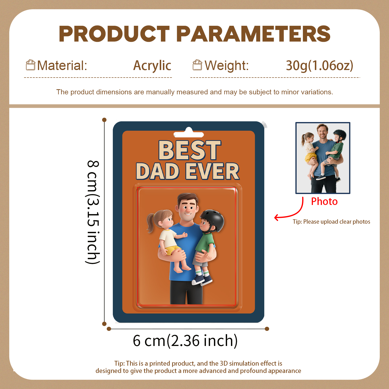 1 Photo Personalized Best Dad Ever Acrylic Ornament – Custom 3D Family Illustration | Lorajewel