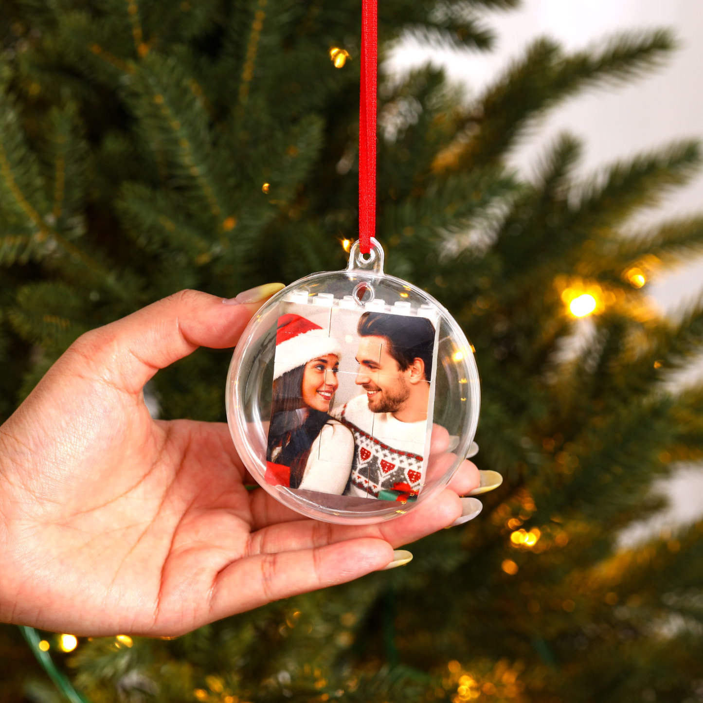 Personalized Photo Heart Christmas Blocks Bauble Ornament