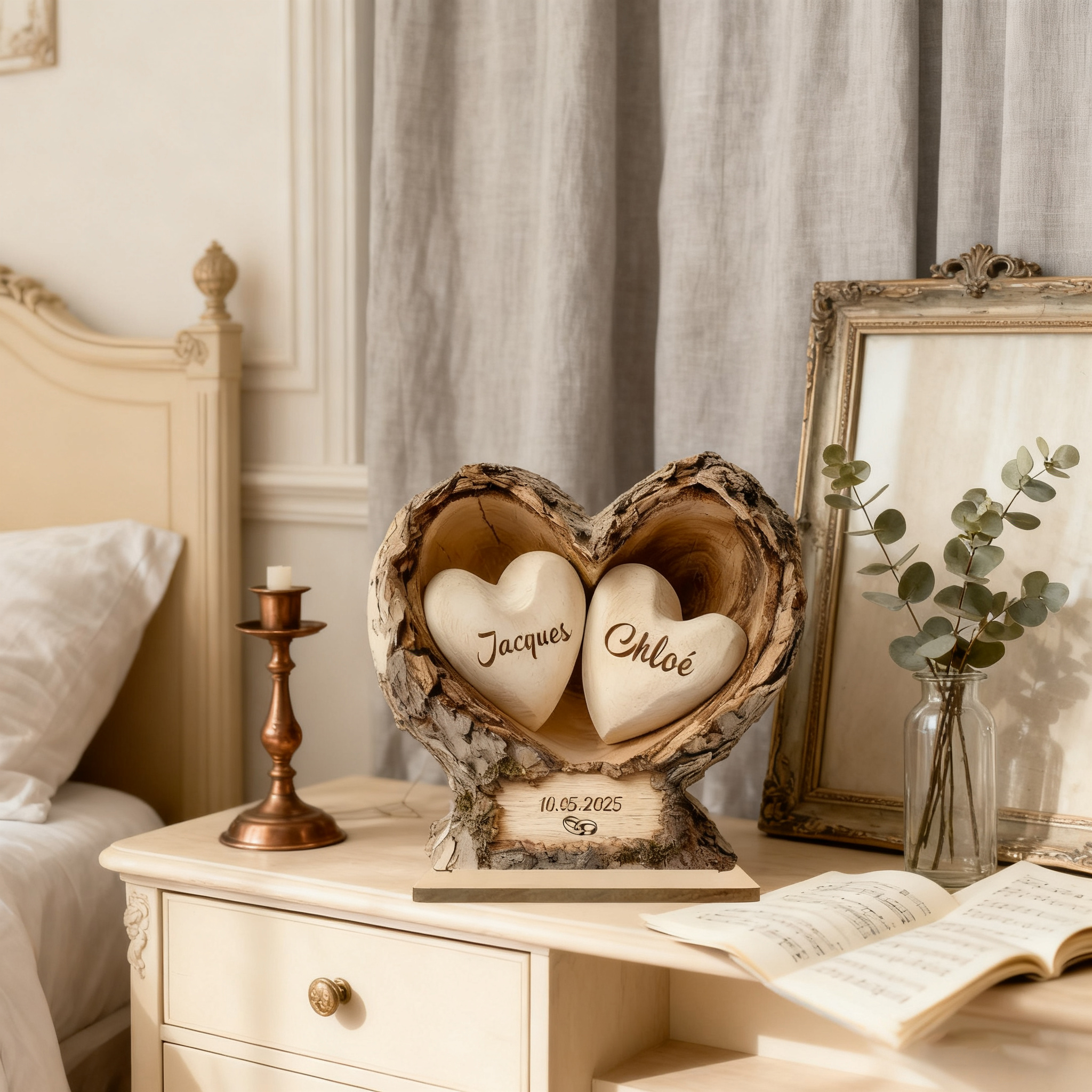 Personalized Wooden Heart-Shaped Tree Trunk Plaque for Couples