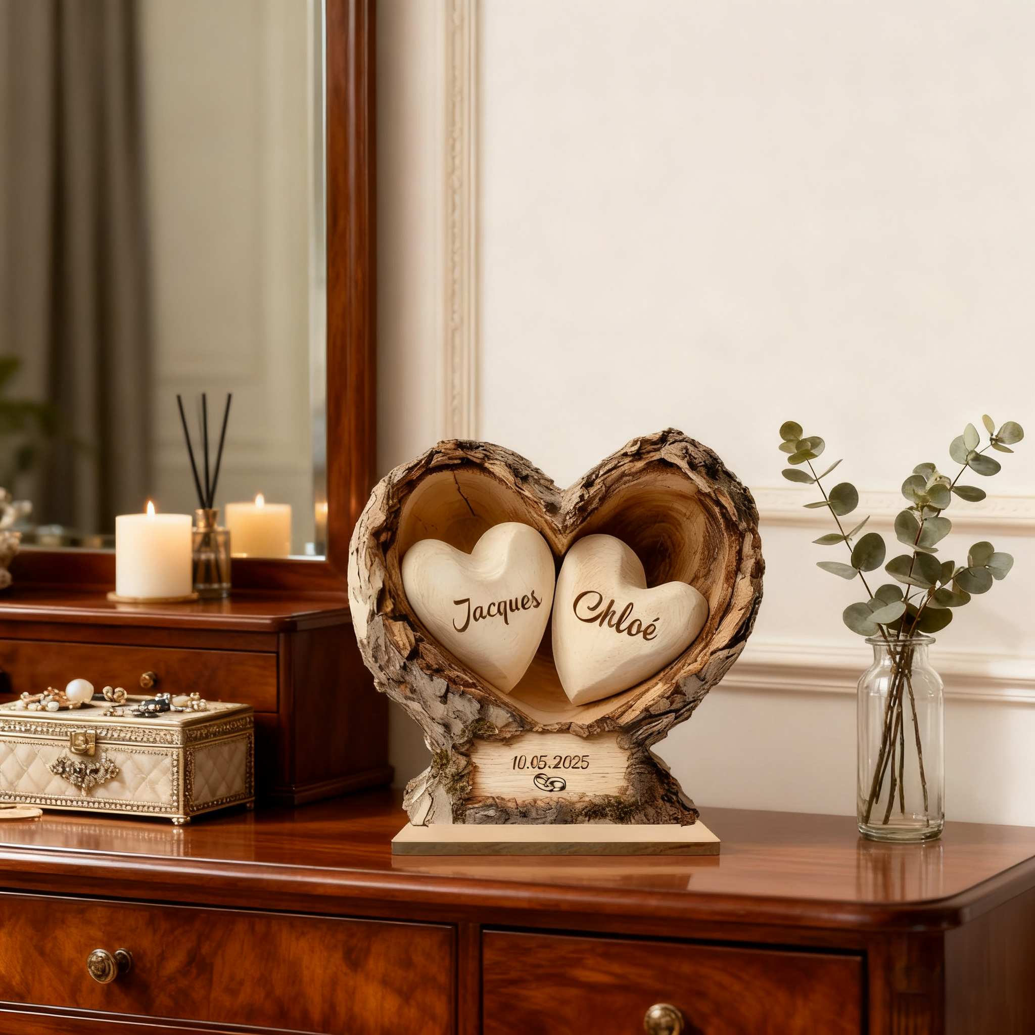 Personalized Wooden Heart-Shaped Tree Trunk Plaque for Couples