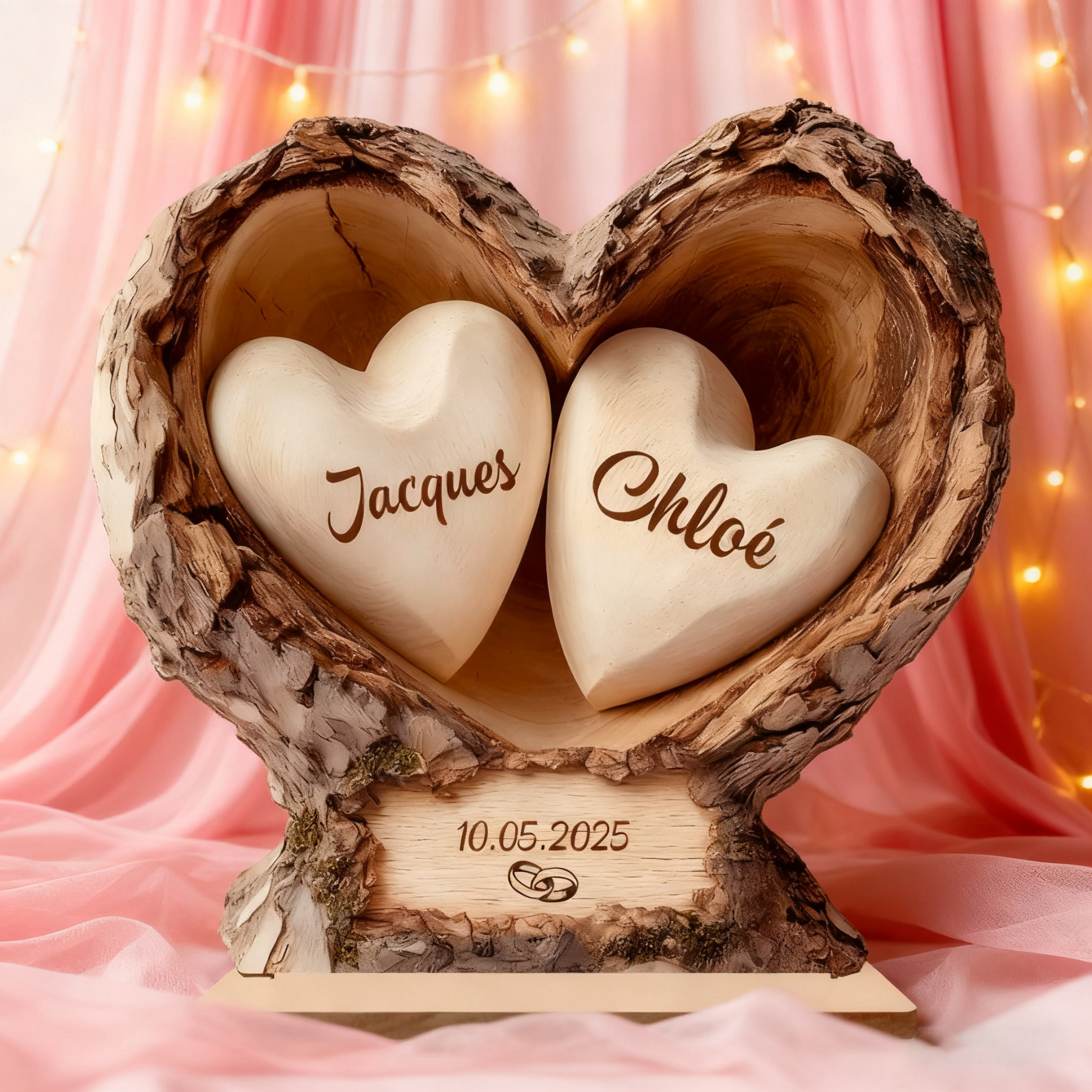 Personalized Wooden Heart-Shaped Tree Trunk Plaque for Couples
