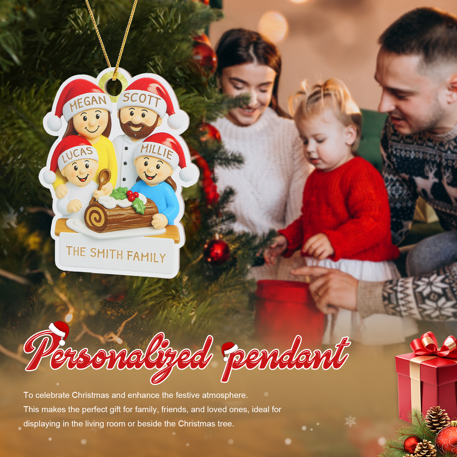 Personalized Family Christmas Ornament with 4 Names and Text