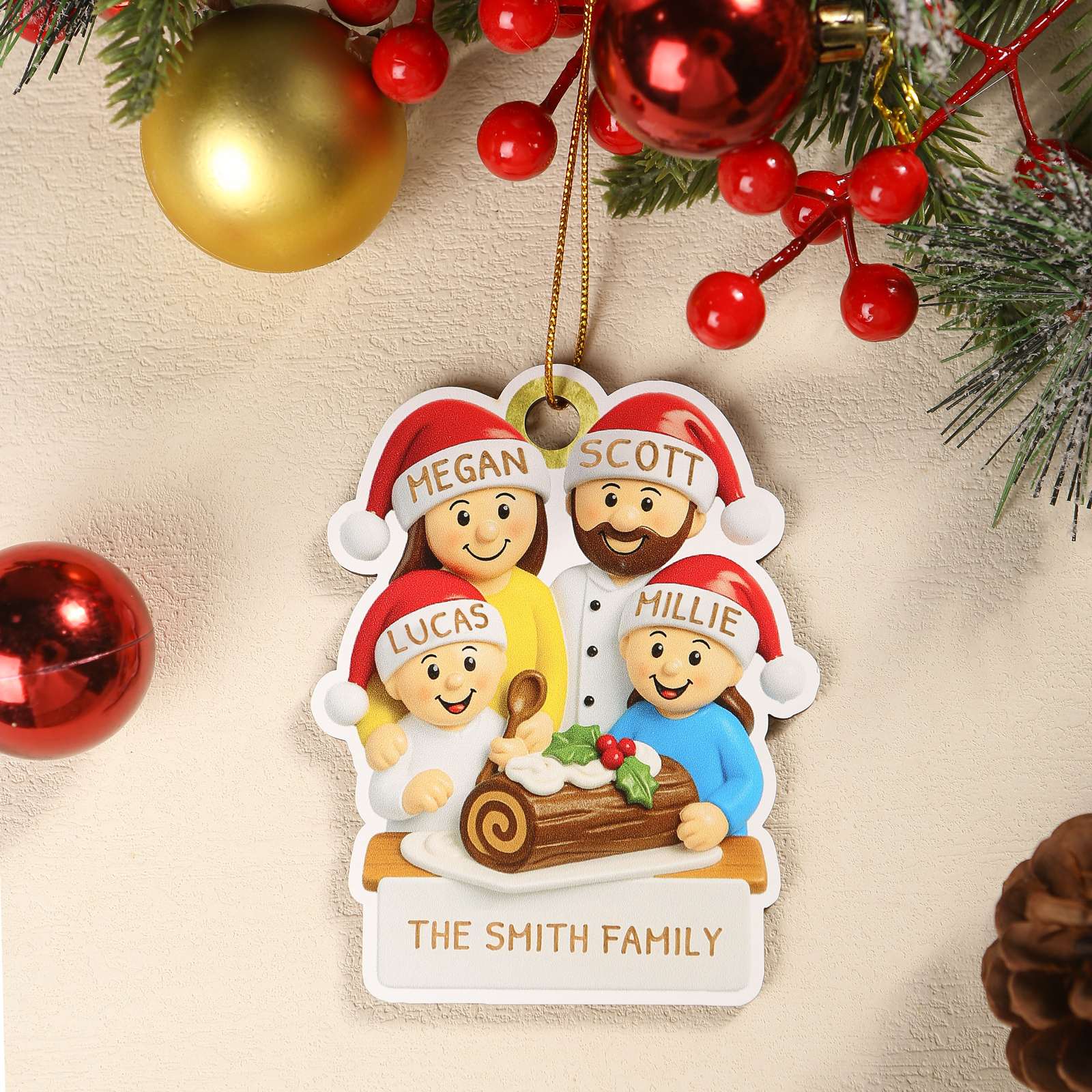 Personalized Christmas Ornament with 4 Names and Custom Text, 6 Wooden Styles | Lorajewel