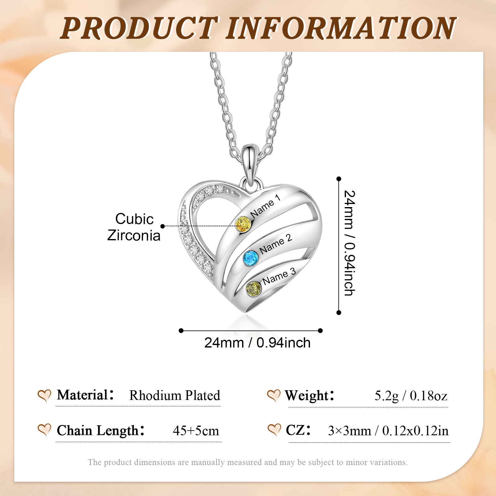 Personalized Heart Necklace with Birthstones, Customized with 3–5 Names and Stones