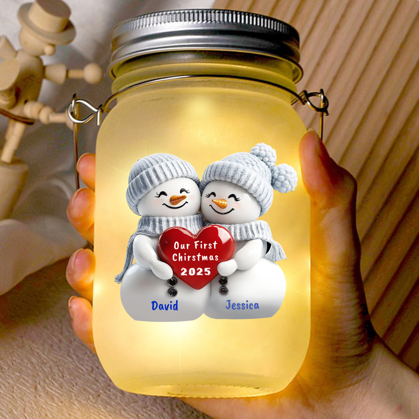 Personalized Snowman Couple Solar Mason Jar Light