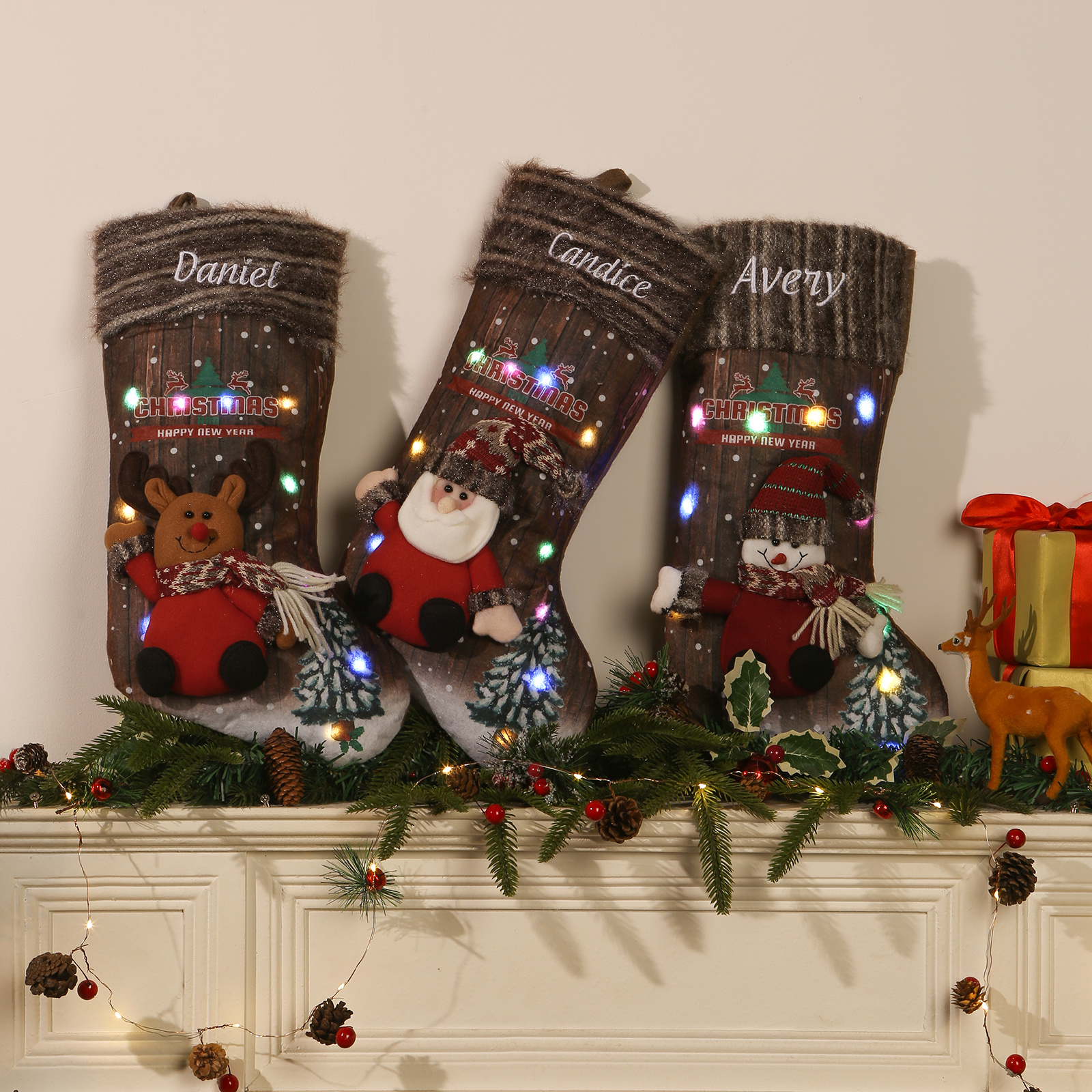 Personalised Rustic LED Plush Christmas Stocking
