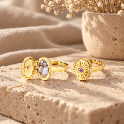 Personalized Adjustable Heart Birthstone Photo Locket Ring for Women