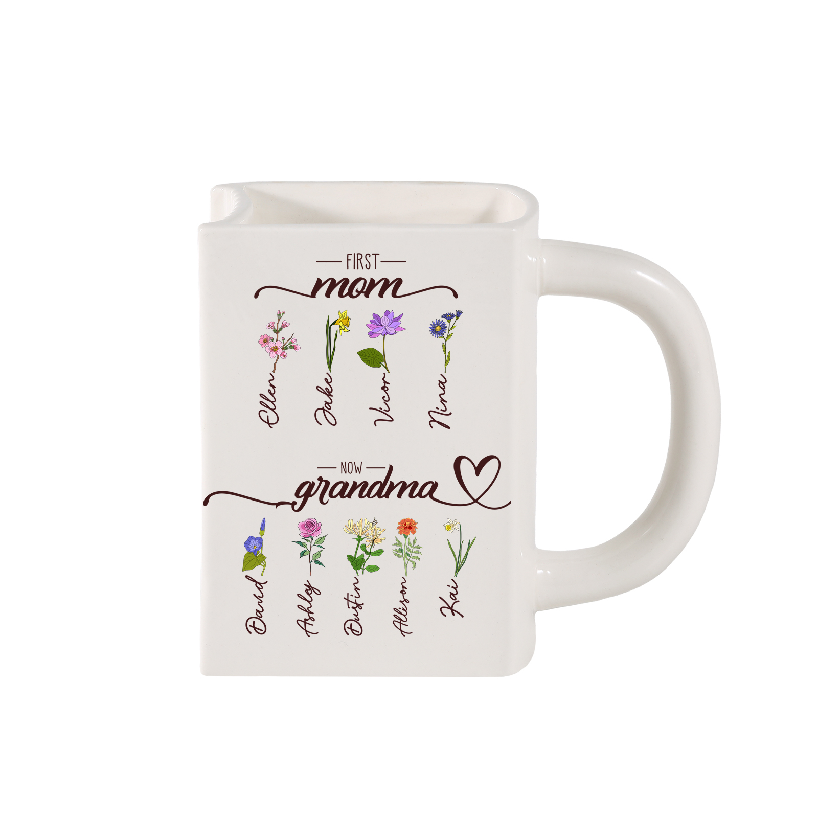 Personalised Book-Shaped Vase with 2 to 10 Names and Birth Flowers for Mum or Nanny