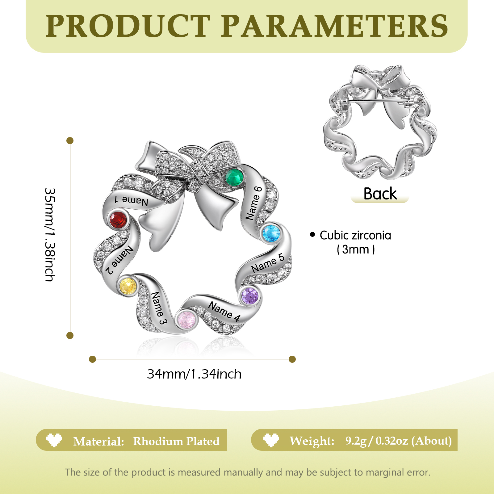 Personalized Fashion Bow Brooch Customized with 6 Names and Birthstones Gift for Her