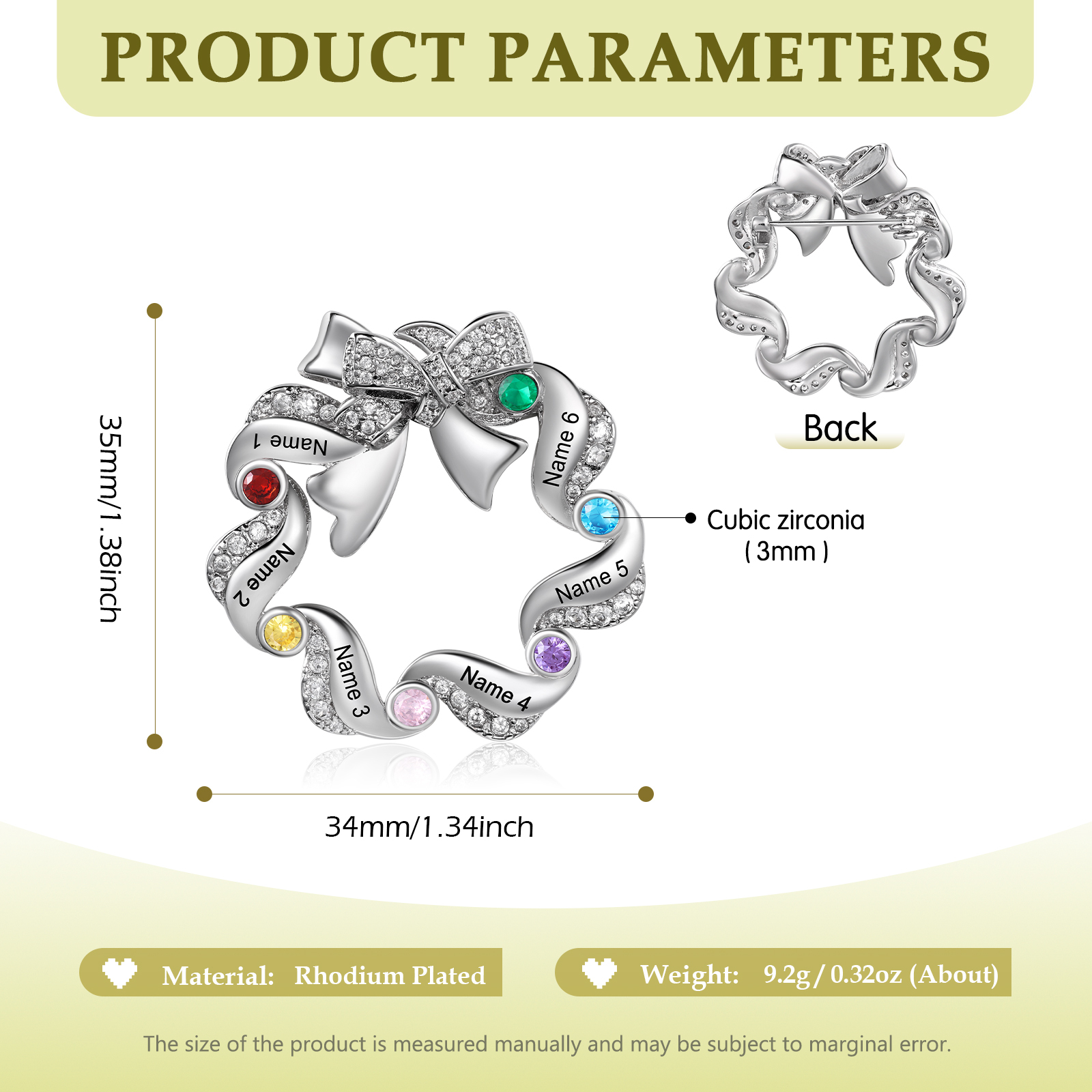 Personalized Fashion Bow Brooch Customized with 6 Names and Birthstones Gift for Her