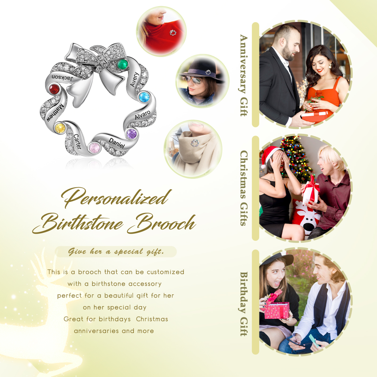 Personalized Fashion Bow Brooch Customized with 6 Names and Birthstones Gift for Her