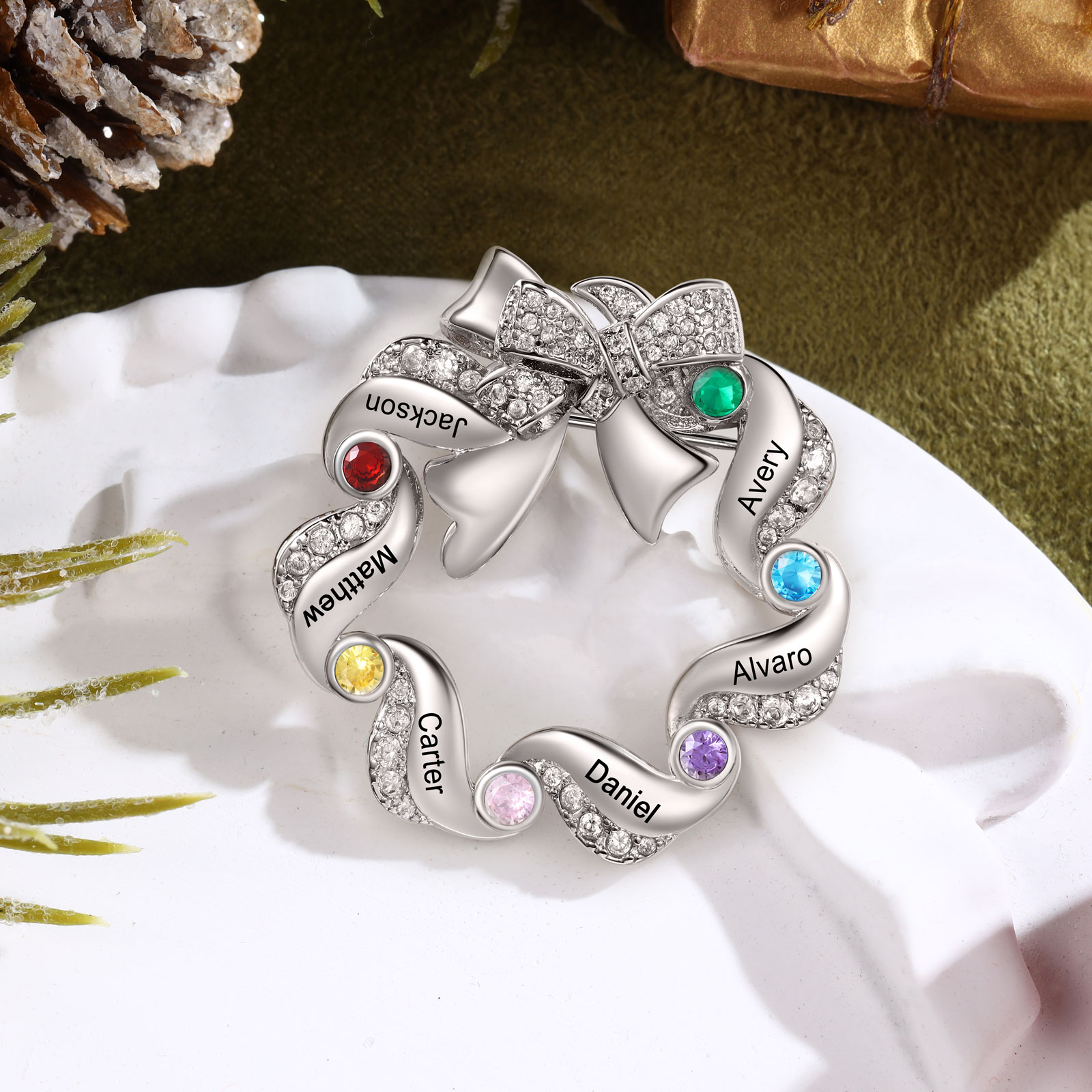 Personalized Fashion Bow Brooch Customized with 6 Names and Birthstones Gift for Her