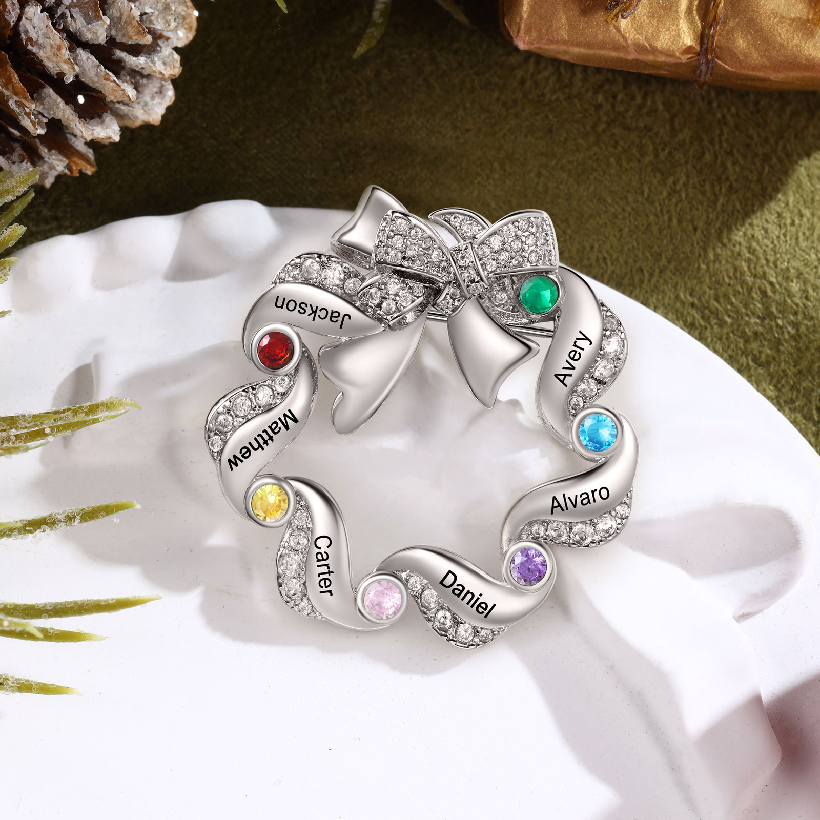 Personalized Fashion Bow Brooch Customized with 6 Names and Birthstones Gift for Her