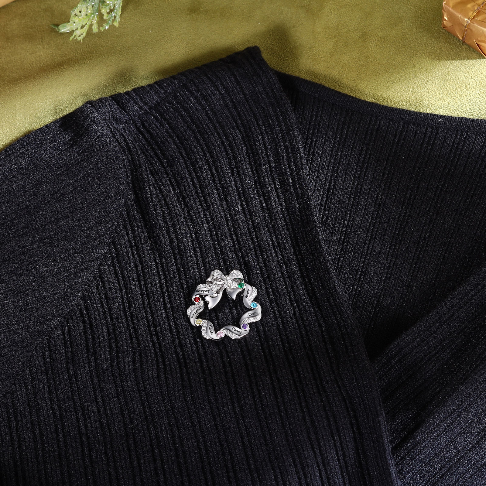 Personalized Fashion Bow Brooch Customized with 6 Names and Birthstones Gift for Her